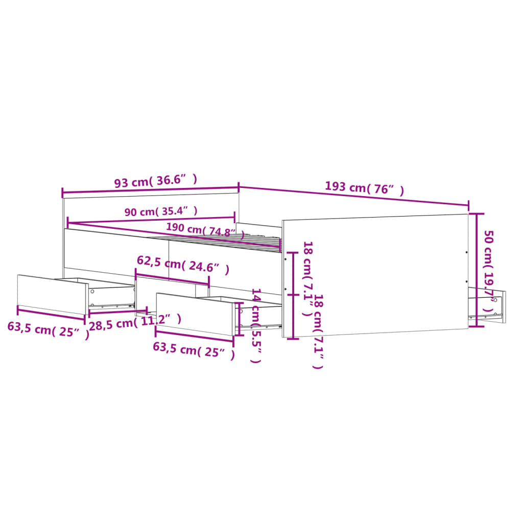 Bedframe met hoofd- en voeteneinde grijs sonoma eiken 90x190 cm Bedden & bedframes | Creëer jouw Trendy Thuis | Gratis bezorgd & Retour | Trendy.nl