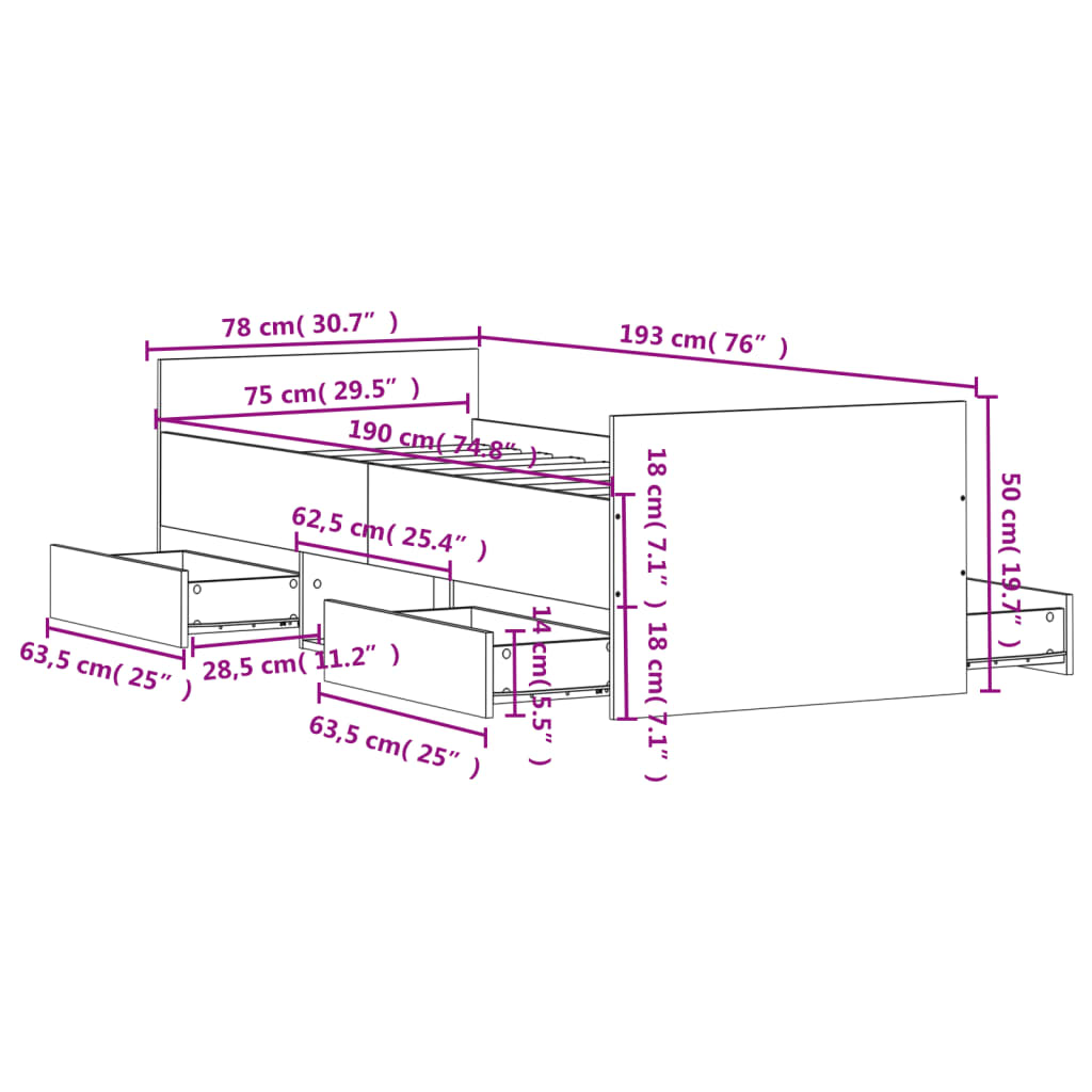 Bedframe met hoofd- en voeteneinde grijs sonoma 75x190 cm Bedden & bedframes | Creëer jouw Trendy Thuis | Gratis bezorgd & Retour | Trendy.nl