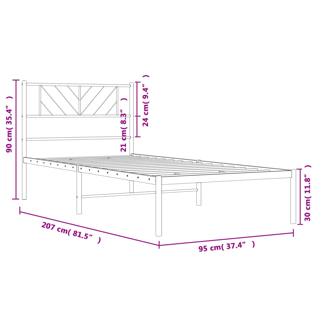 Bedframe met hoofdbord metaal wit 90x200 cm