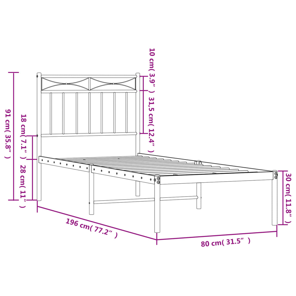 Bedframe met hoofdbord zonder matras metaal wit 75x190 cm