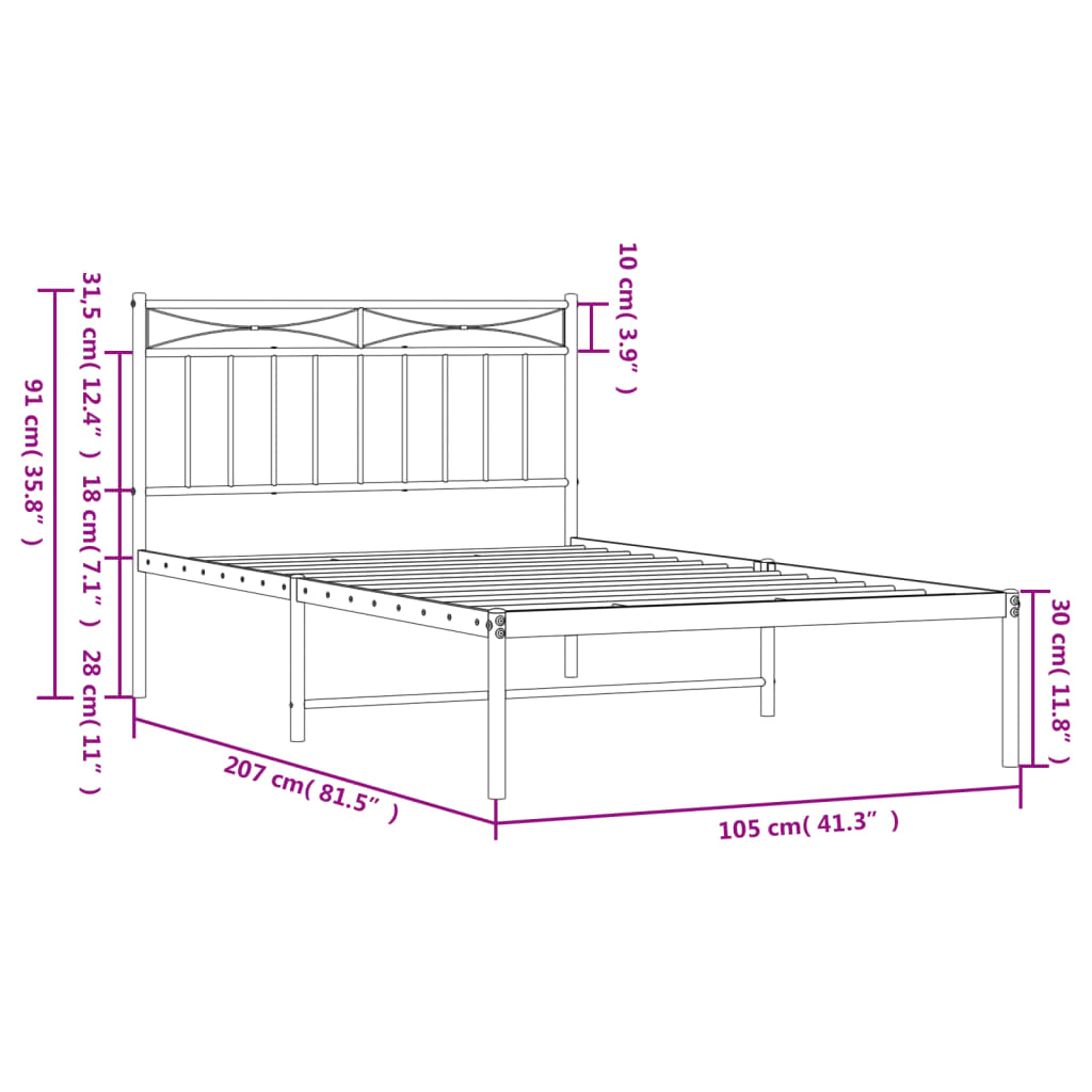 Bedframe met hoofdbord metaal wit 100x200 cm