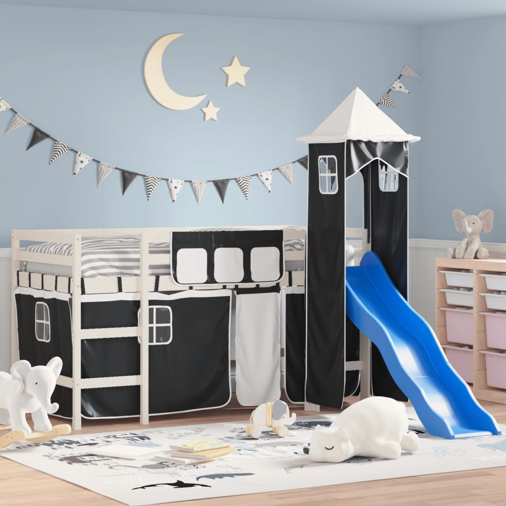 Kinderhoogslaper met toren 90x190 cm grenenhout wit en zwart Bedden & bedframes | Creëer jouw Trendy Thuis | Gratis bezorgd & Retour | Trendy.nl