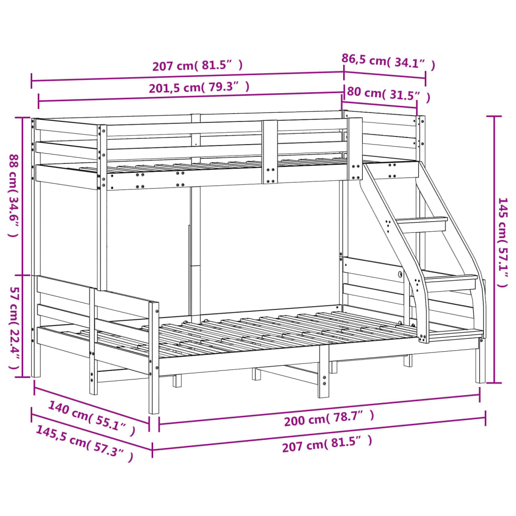 Stapelbed massief grenenhout wit 80x200/140x200 cm