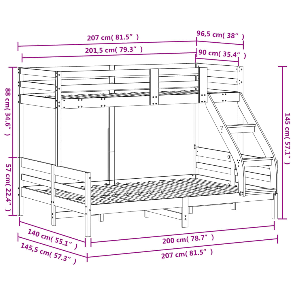 Stapelbed massief grenenhout wit 90x200/140x200 cm