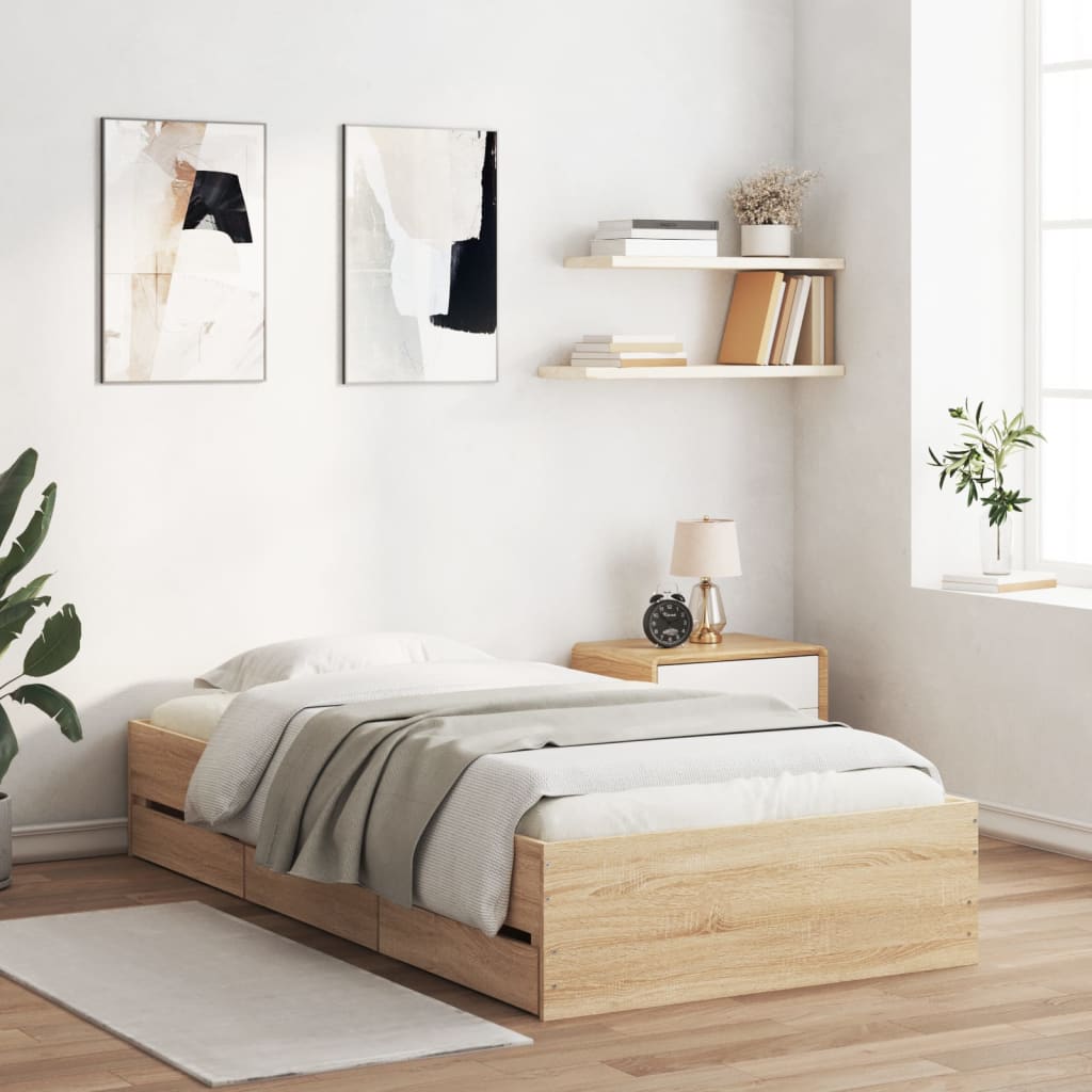 Bedframe met lades bewerkt hout sonoma eikenkleurig 90x190 cm Bedden & bedframes | Creëer jouw Trendy Thuis | Gratis bezorgd & Retour | Trendy.nl