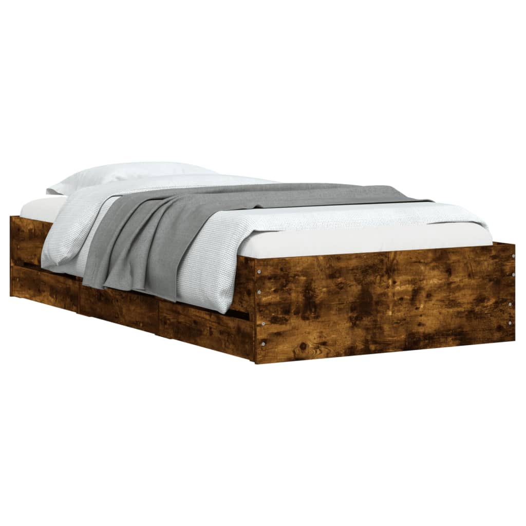 Bedframe met lades bewerkt hout gerookt eikenkleurig 90x190 cm Bedden & bedframes | Creëer jouw Trendy Thuis | Gratis bezorgd & Retour | Trendy.nl