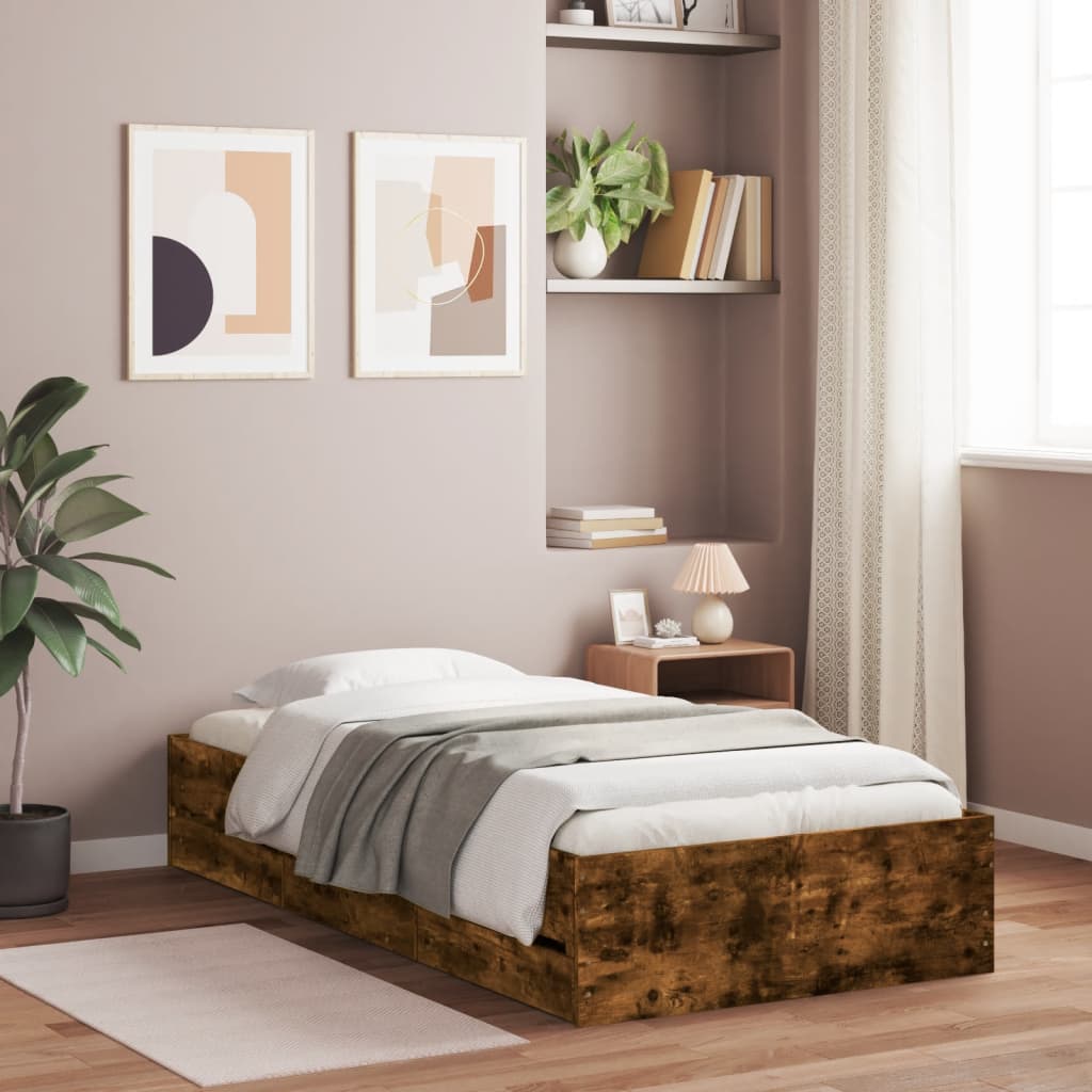 Bedframe met lades bewerkt hout gerookt eikenkleurig 90x190 cm Bedden & bedframes | Creëer jouw Trendy Thuis | Gratis bezorgd & Retour | Trendy.nl