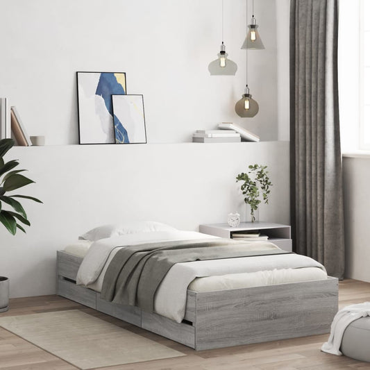 Bedframe met lades bewerkt hout grijs sonoma eiken 90x190 cm Bedden & bedframes | Creëer jouw Trendy Thuis | Gratis bezorgd & Retour | Trendy.nl