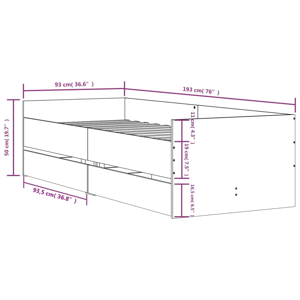 Bedframe met lades gerookt eikenkleurig 90x190 cm Bedden & bedframes | Creëer jouw Trendy Thuis | Gratis bezorgd & Retour | Trendy.nl