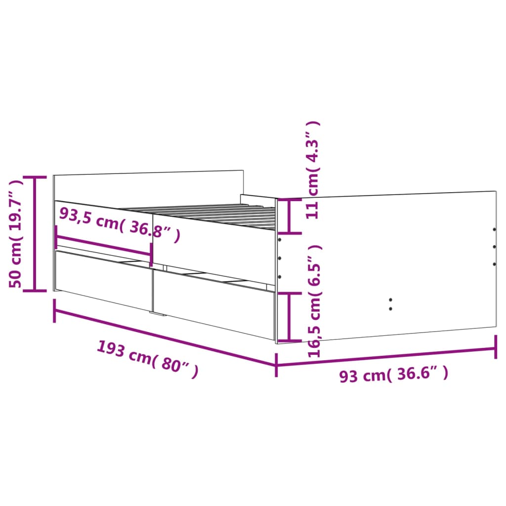 Bedframe met lades grijs sonoma eikenkleurig 90x190 cm Bedden & bedframes | Creëer jouw Trendy Thuis | Gratis bezorgd & Retour | Trendy.nl