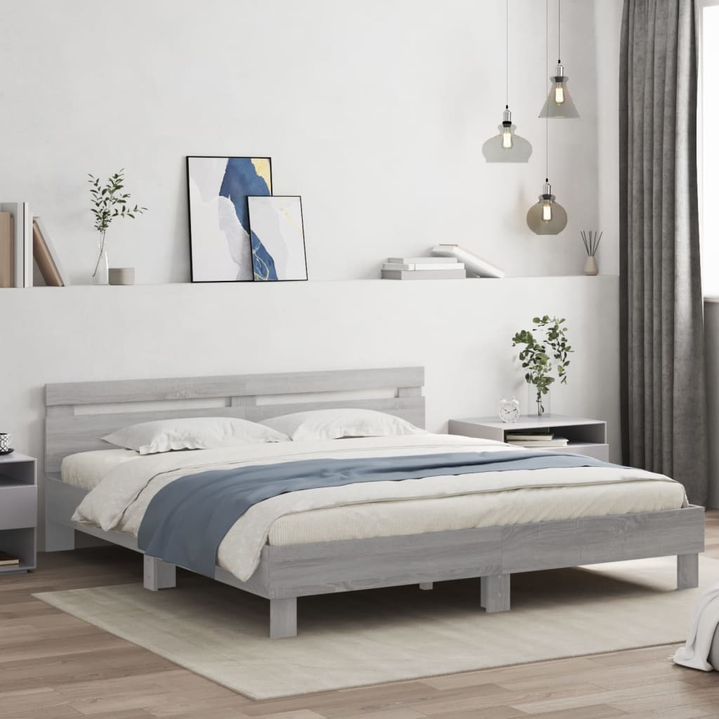 Bedframe met hoofdeinde bewerkt hout grijs sonoma 200x200 cm Bedden & bedframes | Creëer jouw Trendy Thuis | Gratis bezorgd & Retour | Trendy.nl