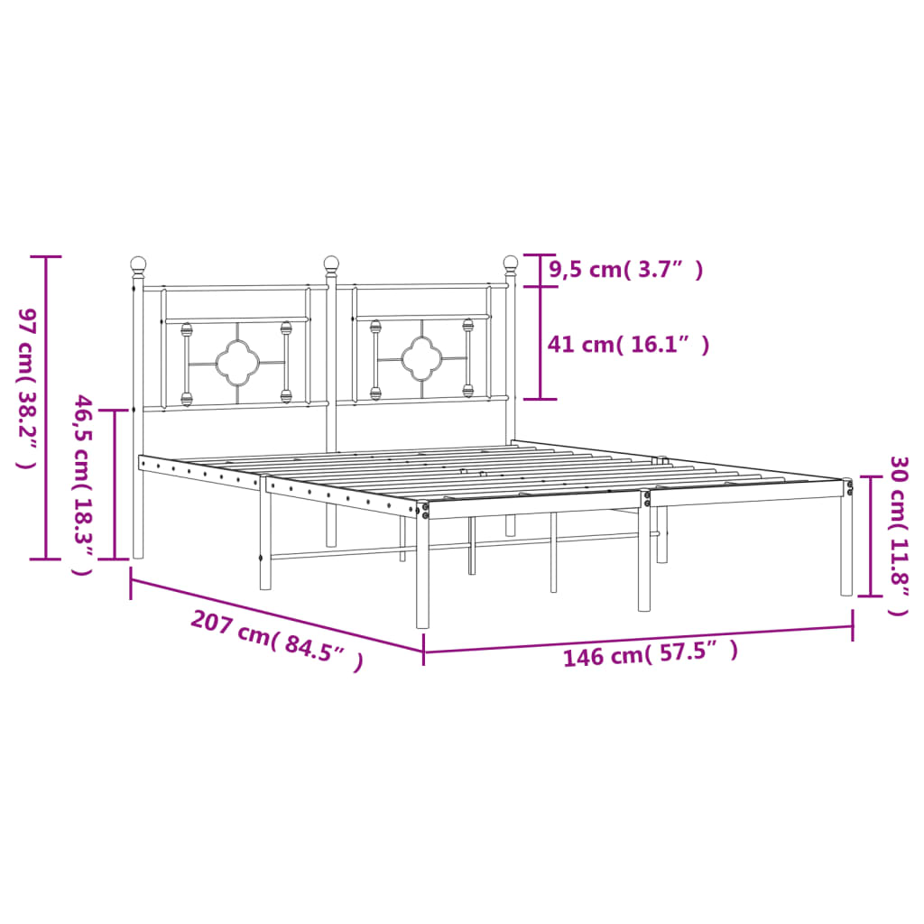 Bedframe met hoofdbord metaal zwart 140x200 cm