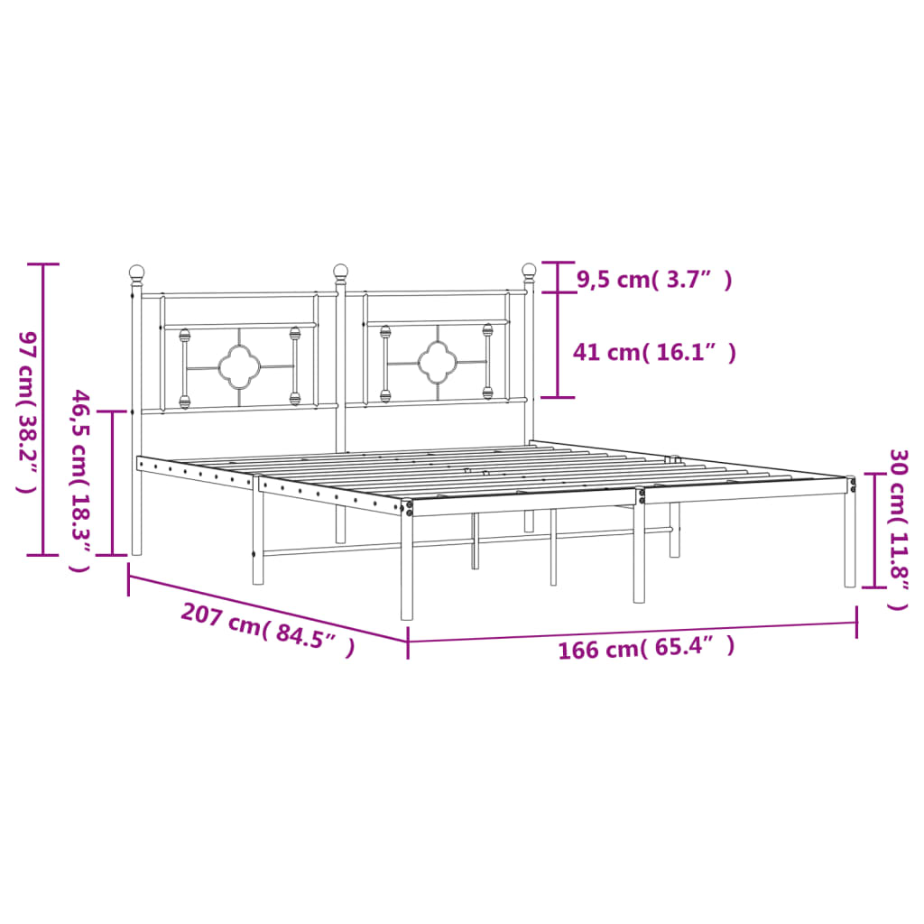 Bedframe met hoofdbord metaal zwart 160x200 cm