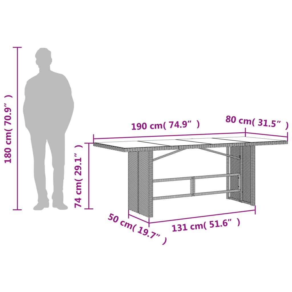 Tuintafel met glazen blad 190x80x74 cm poly rattan grijs Tuintafels | Creëer jouw Trendy Thuis | Gratis bezorgd & Retour | Trendy.nl