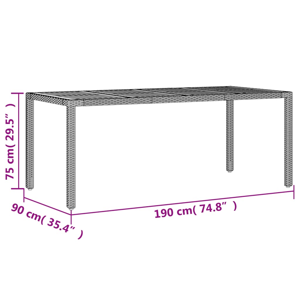 Tuintafel met acaciahouten blad 190x90x75 cm poly rattan zwart