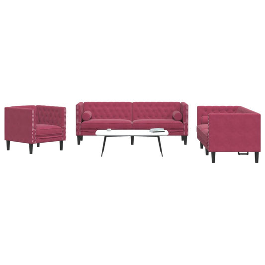 3-delige Loungeset Chesterfield met bolsters fluweel wijnrood Banken | Creëer jouw Trendy Thuis | Gratis bezorgd & Retour | Trendy.nl