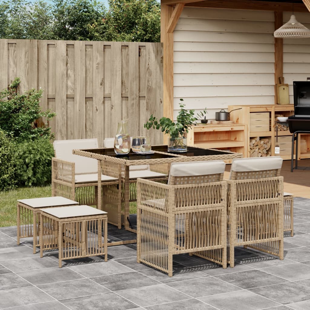 9-delige Tuinset met kussens poly rattan beige