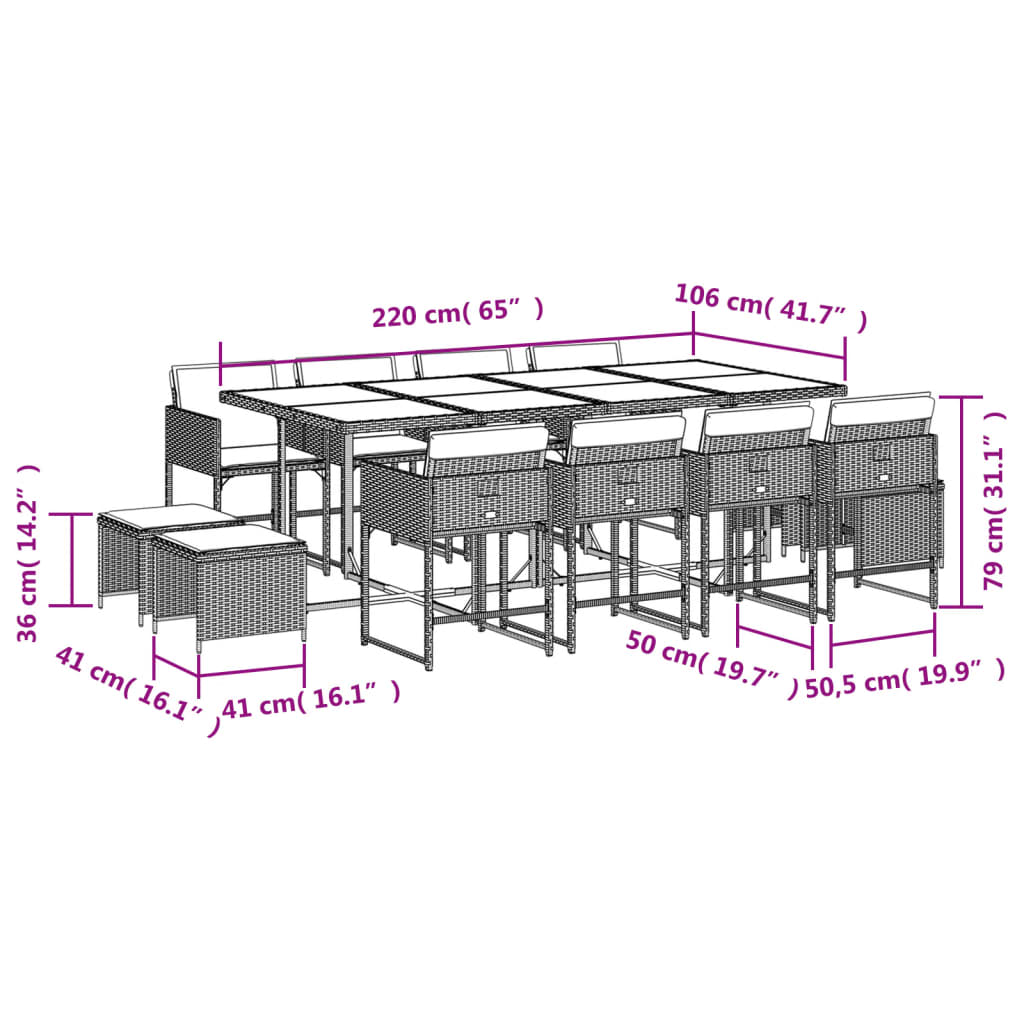 13-delige Tuinset met kussens poly rattan grijs