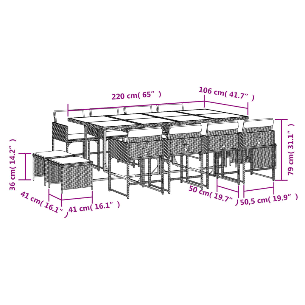 13-delige Tuinset met kussens poly rattan zwart