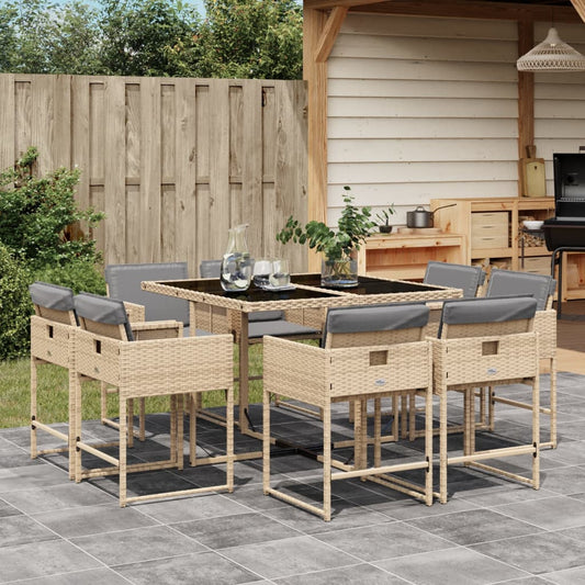 9-delige Tuinset met kussens poly rattan gemengd beige