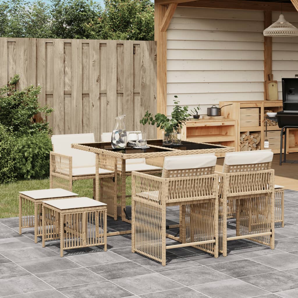 9-delige Tuinset met kussens poly rattan beige