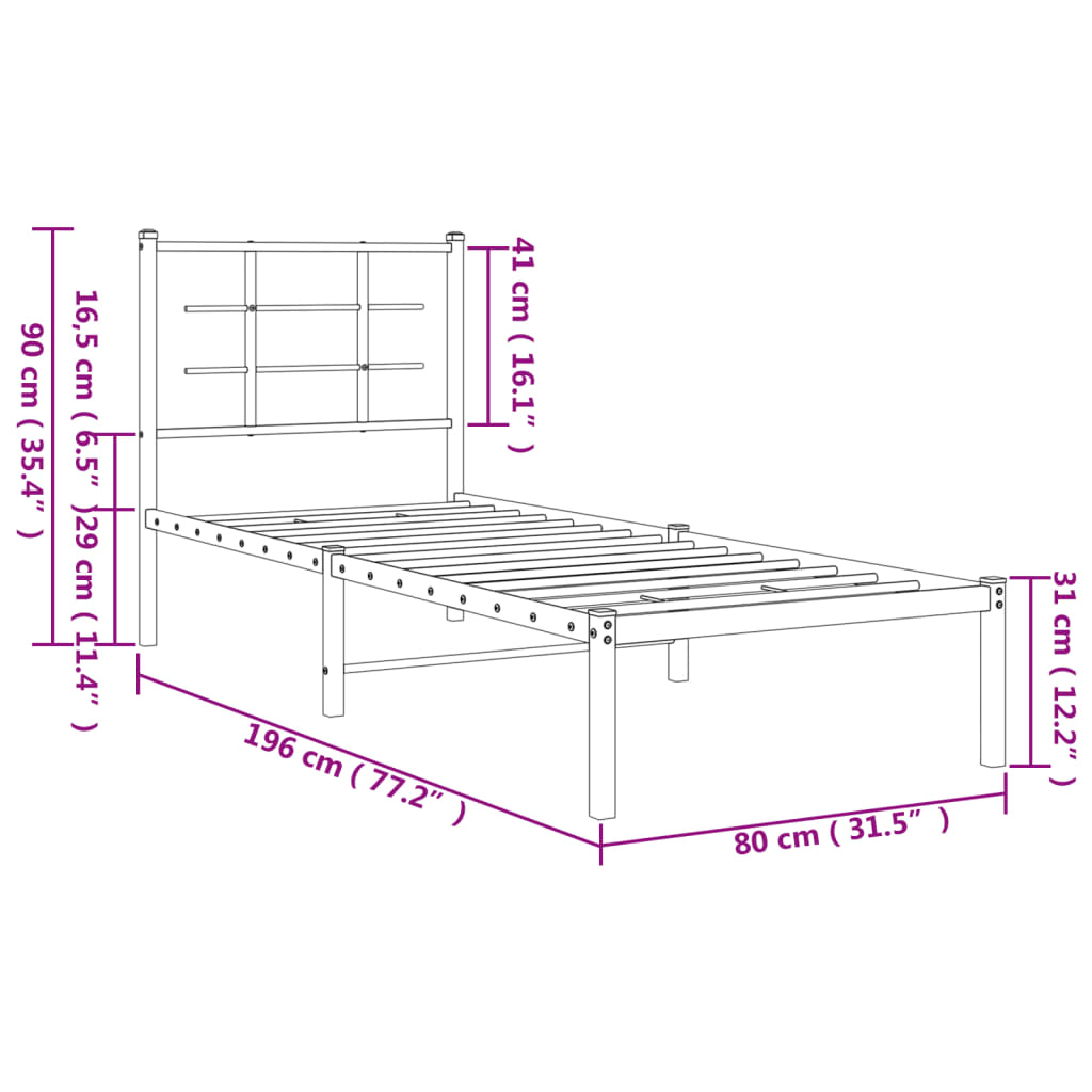 Bedframe met hoofdbord zonder matras metaal wit 75x190 cm