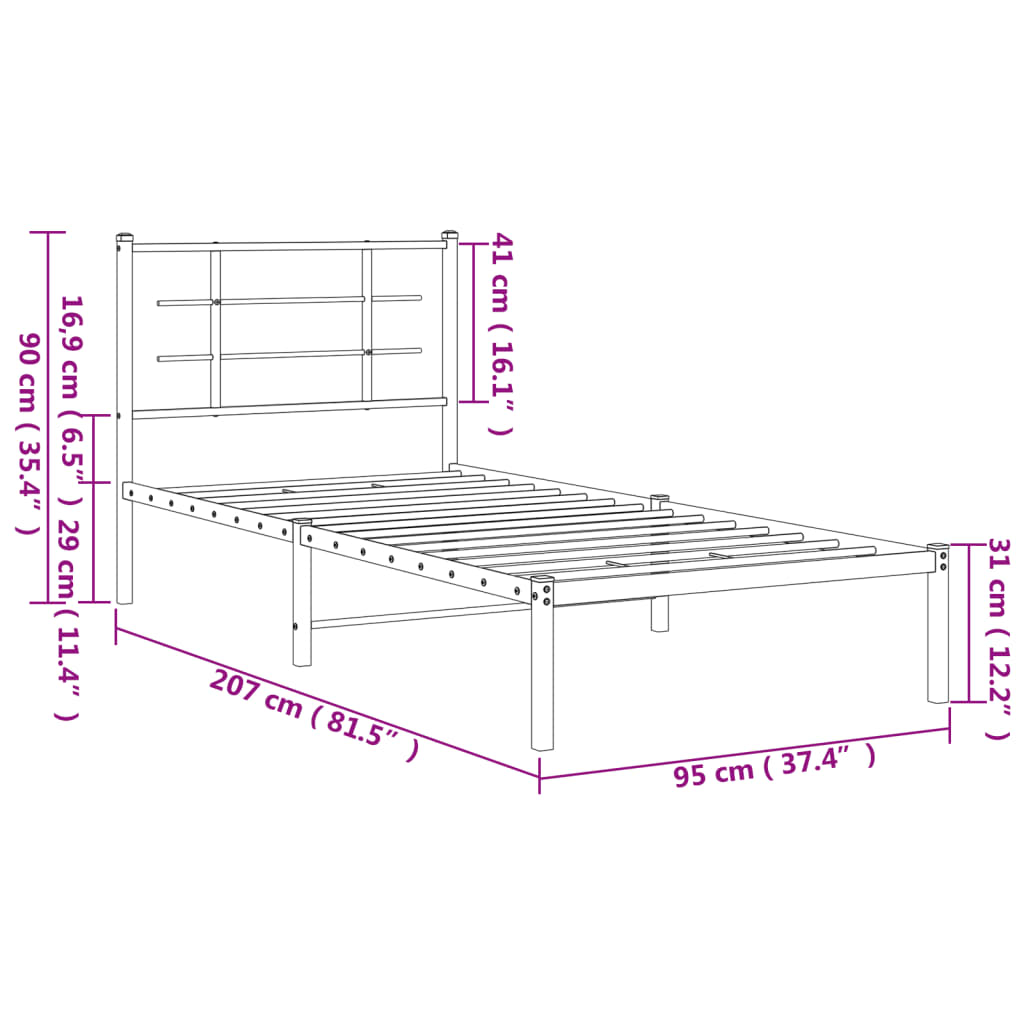 Bedframe met hoofdbord metaal wit 90x200 cm