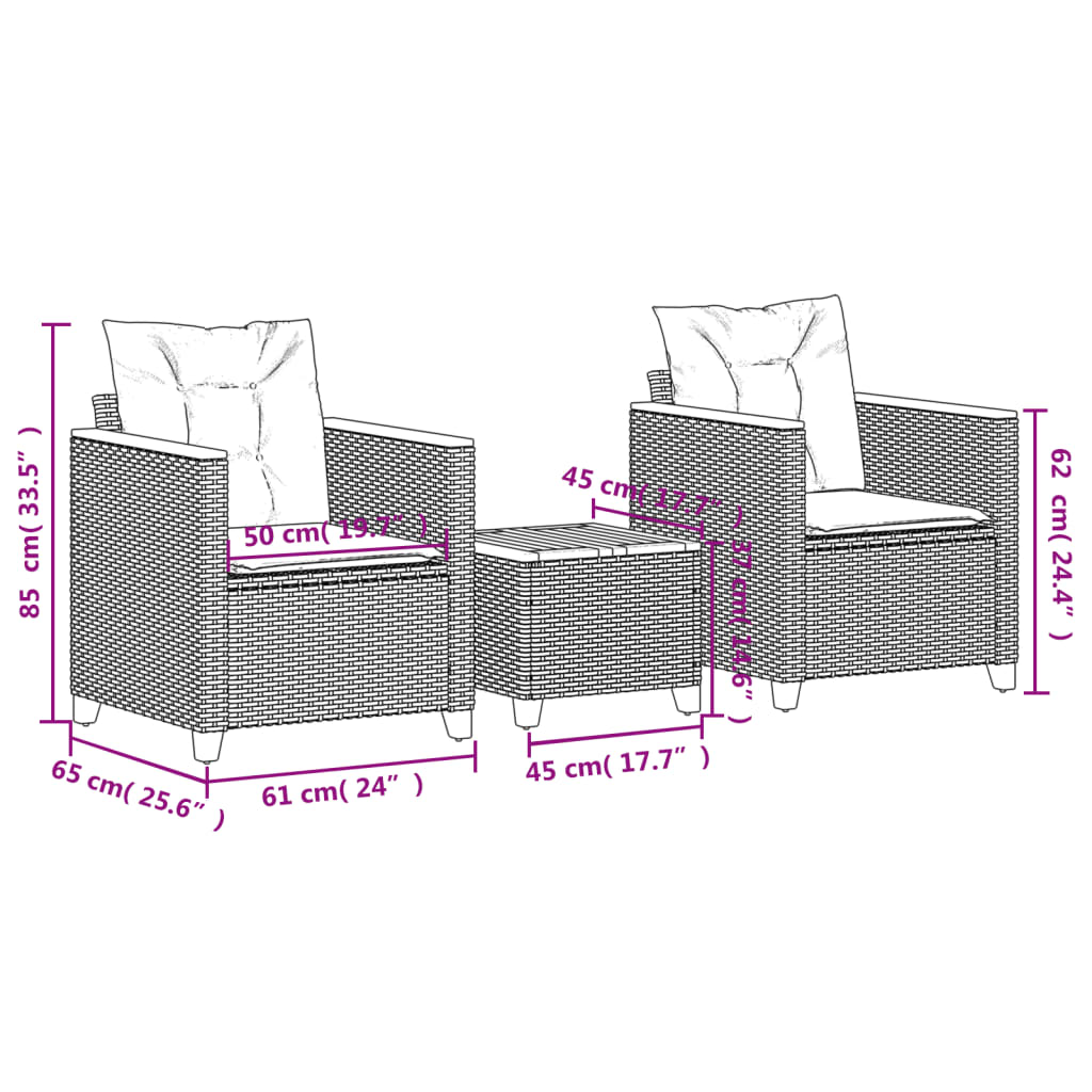 3-delige Bistroset met kussens poly rattan en acaciahout zwart Tuinsets | Creëer jouw Trendy Thuis | Gratis bezorgd & Retour | Trendy.nl