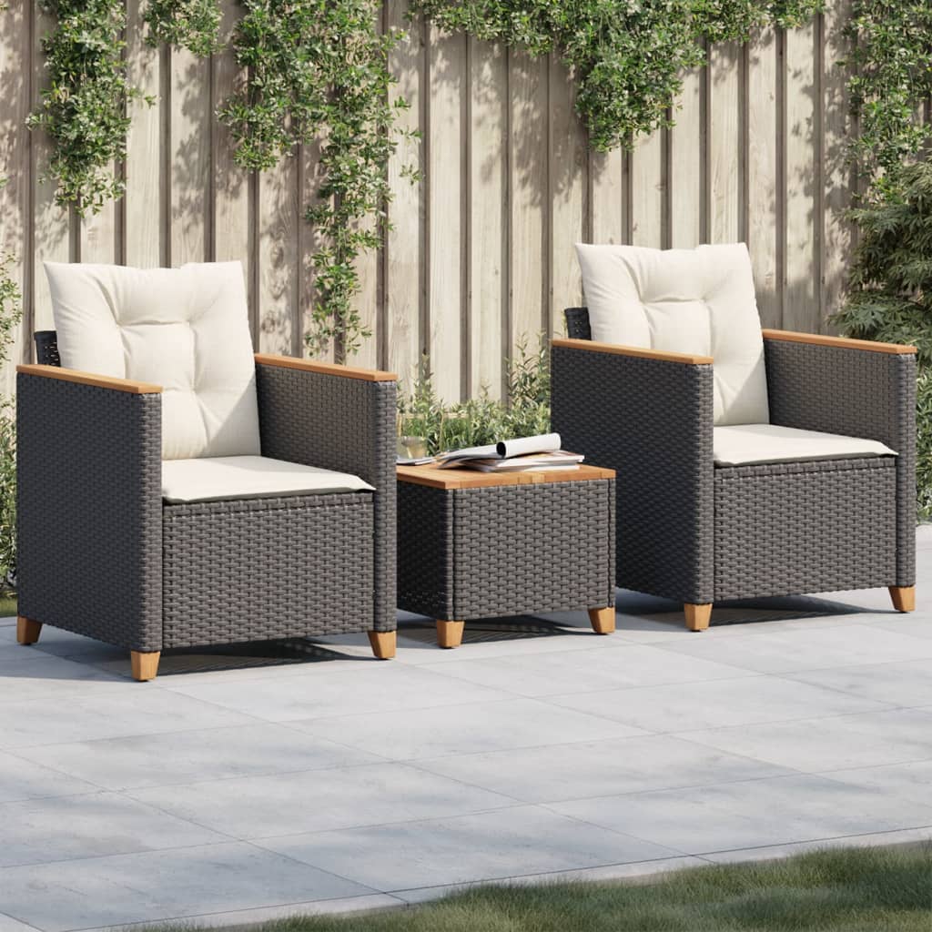 3-delige Bistroset met kussens poly rattan en acaciahout zwart Tuinsets | Creëer jouw Trendy Thuis | Gratis bezorgd & Retour | Trendy.nl