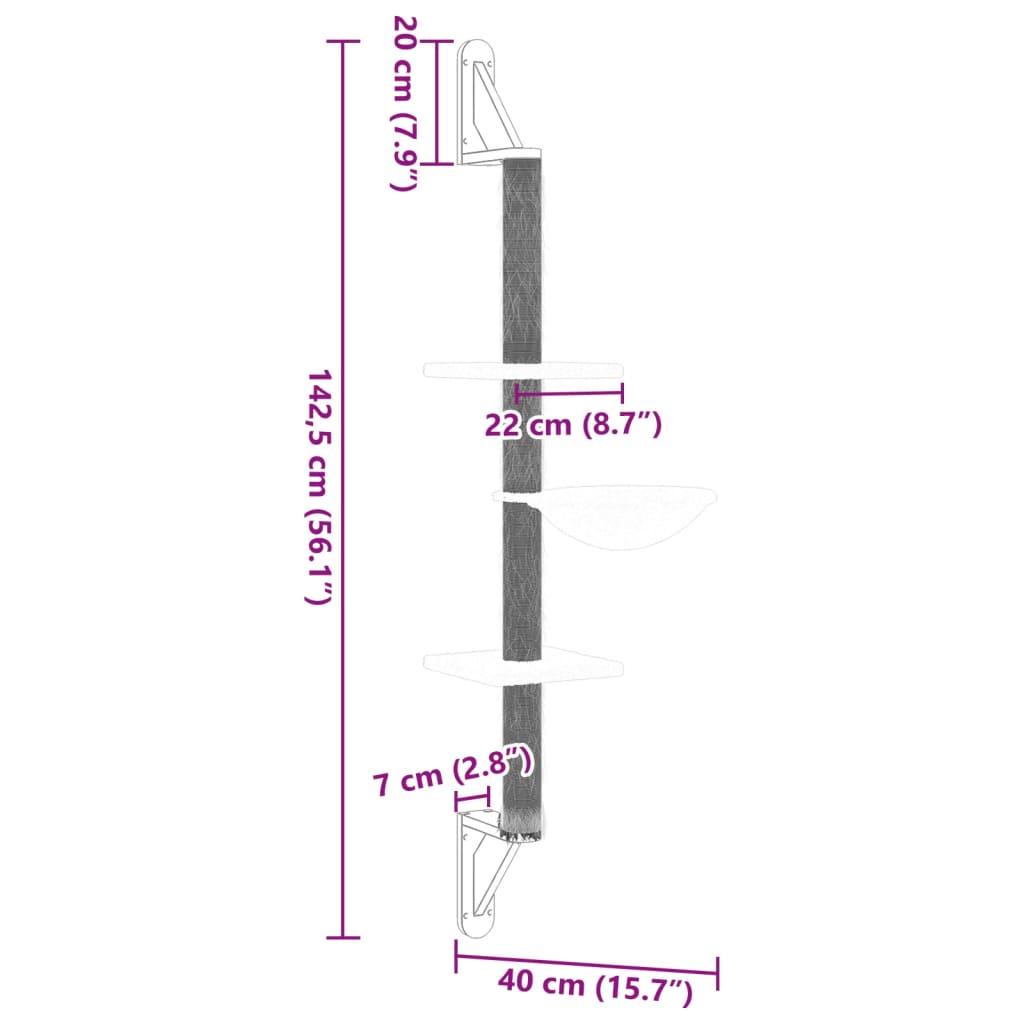 Kattenmeubel wandgemonteerd met krabpaal 142,5 cm lichtgrijs Kattenmeubels | Creëer jouw Trendy Thuis | Gratis bezorgd & Retour | Trendy.nl