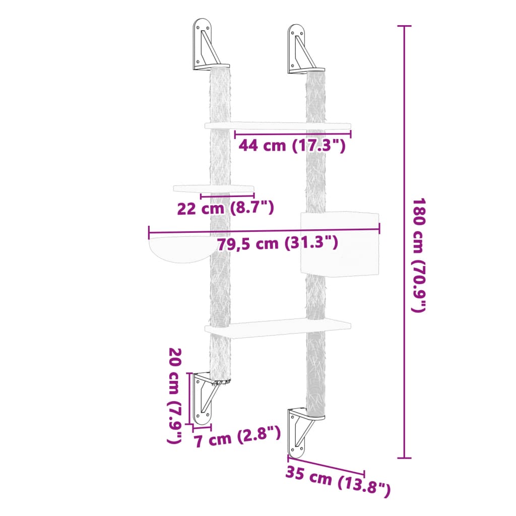 Kattenmeubel wandgemonteerd met krabpaal 180 cm lichtgrijs Kattenmeubels | Creëer jouw Trendy Thuis | Gratis bezorgd & Retour | Trendy.nl