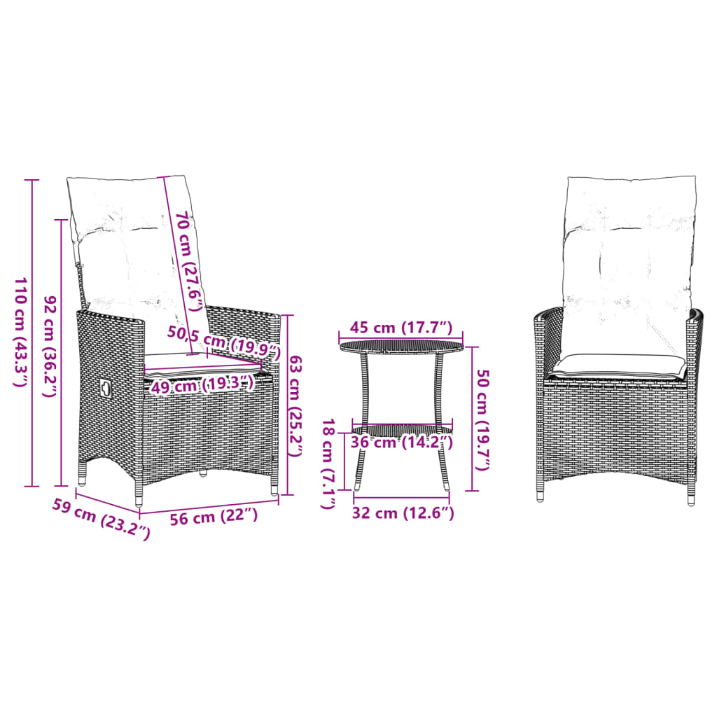 3-delige Bistroset met kussens poly rattan zwart Tuinsets | Creëer jouw Trendy Thuis | Gratis bezorgd & Retour | Trendy.nl