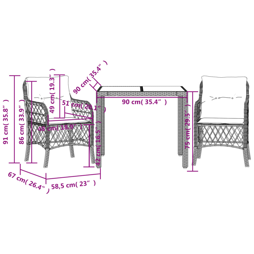 3-delige Bistroset met kussens poly rattan zwart Tuinsets | Creëer jouw Trendy Thuis | Gratis bezorgd & Retour | Trendy.nl