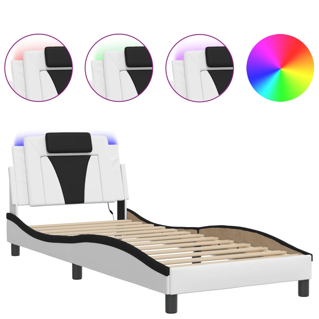 Bedframe met LED-verlichting kunstleer wit en zwart 90x190 cm