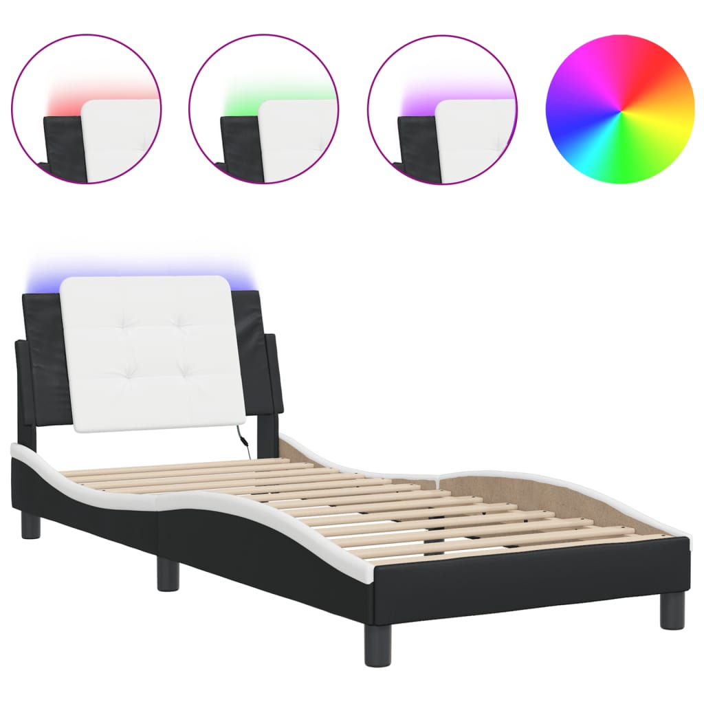 Bedframe met LED-verlichting kunstleer zwart en wit 90x190 cm