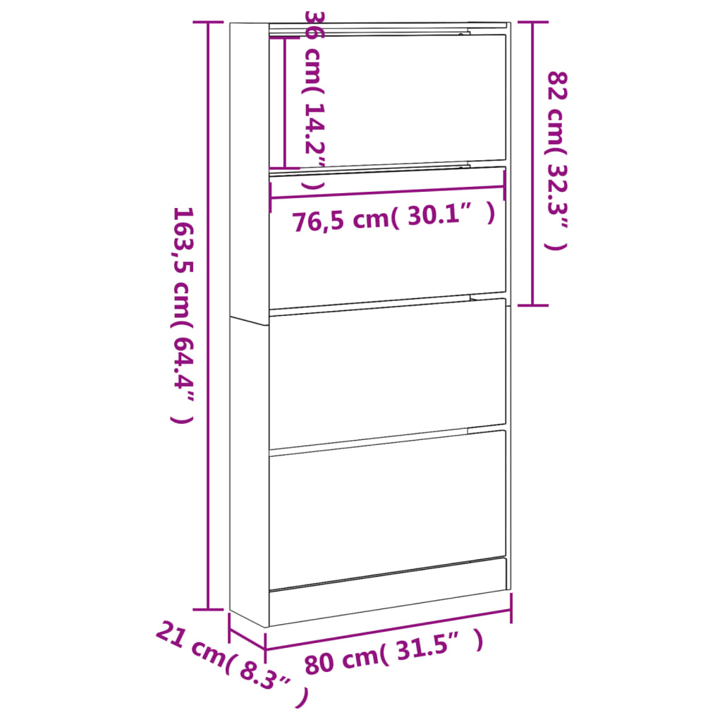 Schoenenkast met 4 klaplades 80x21x163,5 cm wit