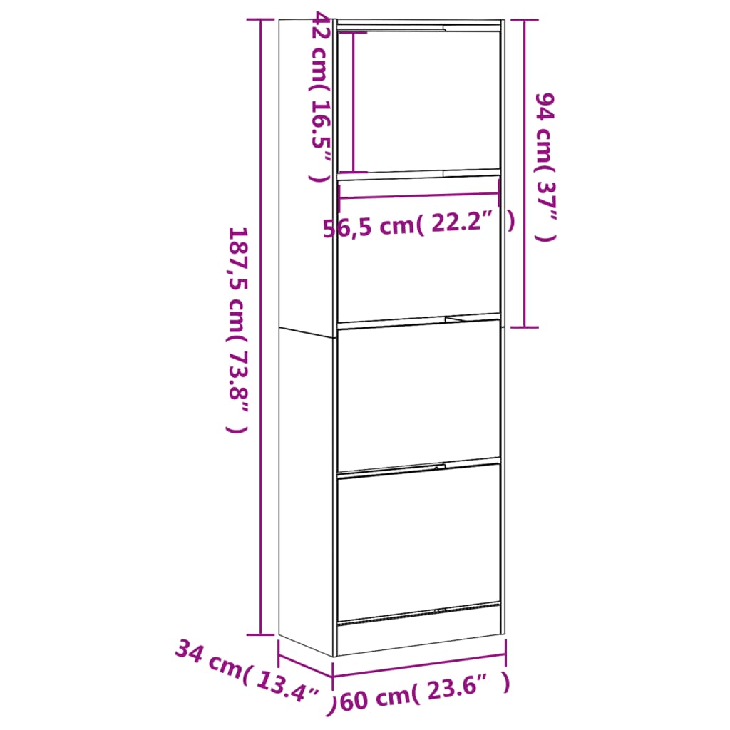 Schoenenkast met 4 klaplades 60x34x187,5 cm wit