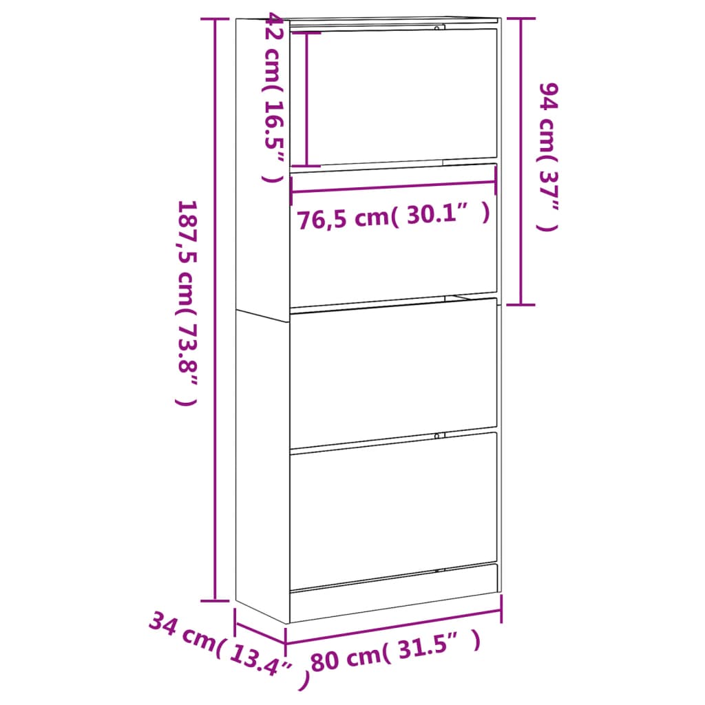 Schoenenkast met 4 klaplades 80x34x187,5 cm wit