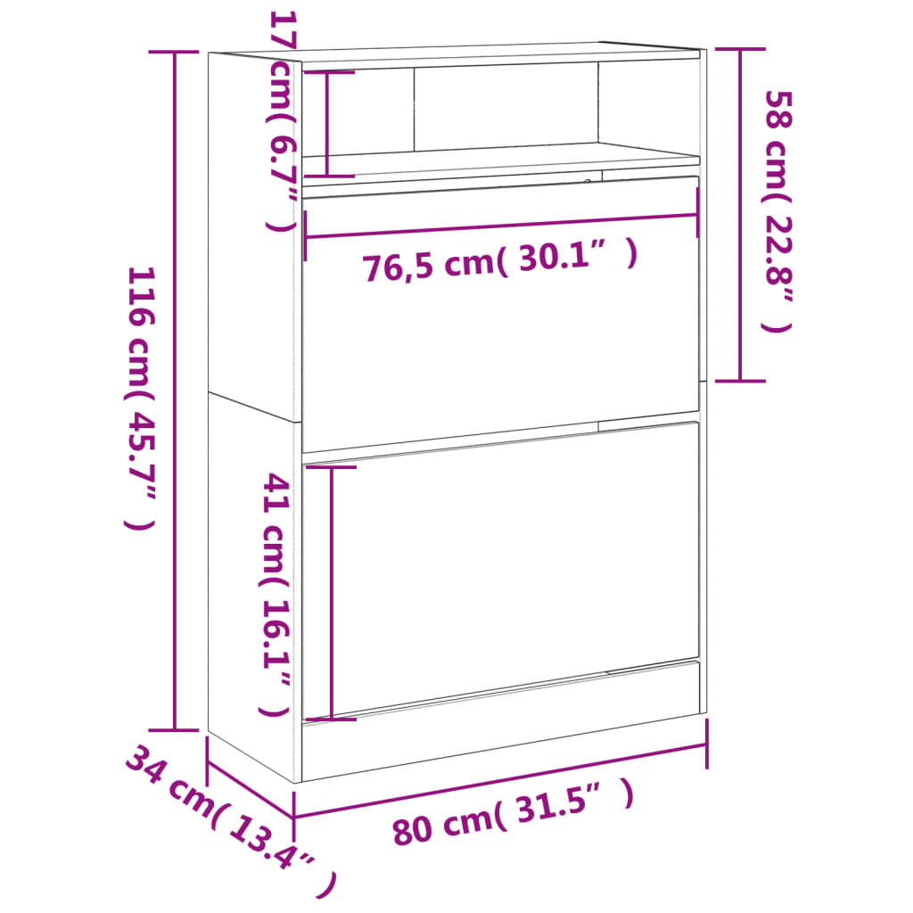 Schoenenkast met 2 klaplades 80x34x116 cm grijs sonoma