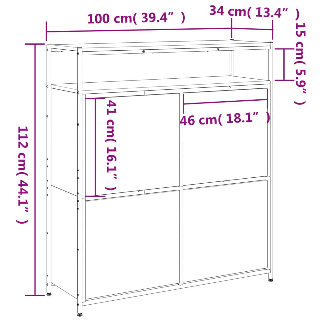 Schoenenkast met 4 klaplades 100x34x112 cm grijs sonoma eiken