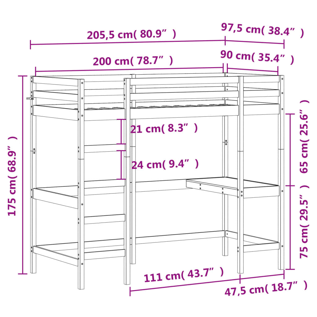 Hoogslaper met bureau massief grenenhout wit 90x200 cm