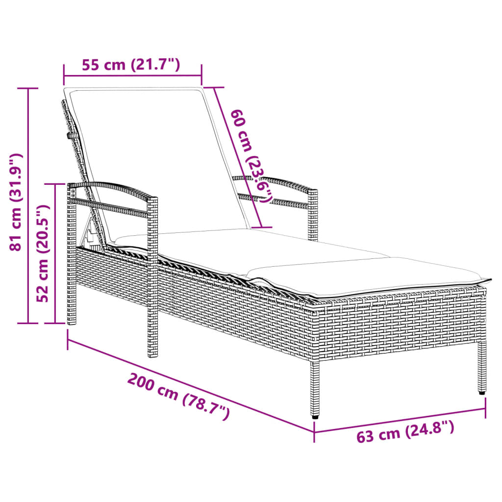 Ligbed met kussen 63x200x81 cm poly rattan beige Ligstoelen | Creëer jouw Trendy Thuis | Gratis bezorgd & Retour | Trendy.nl