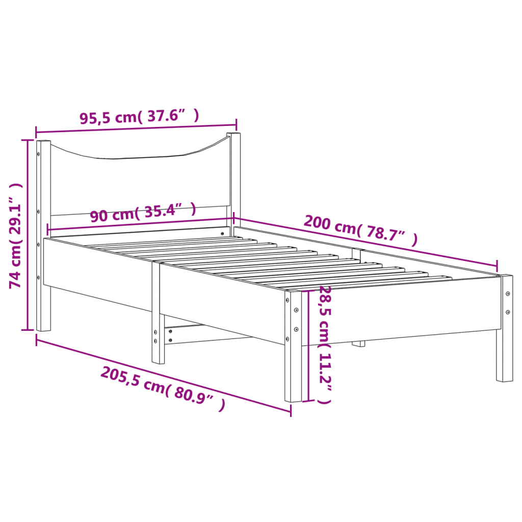 Bedframe zonder matras massief grenenhout 90x200 cm