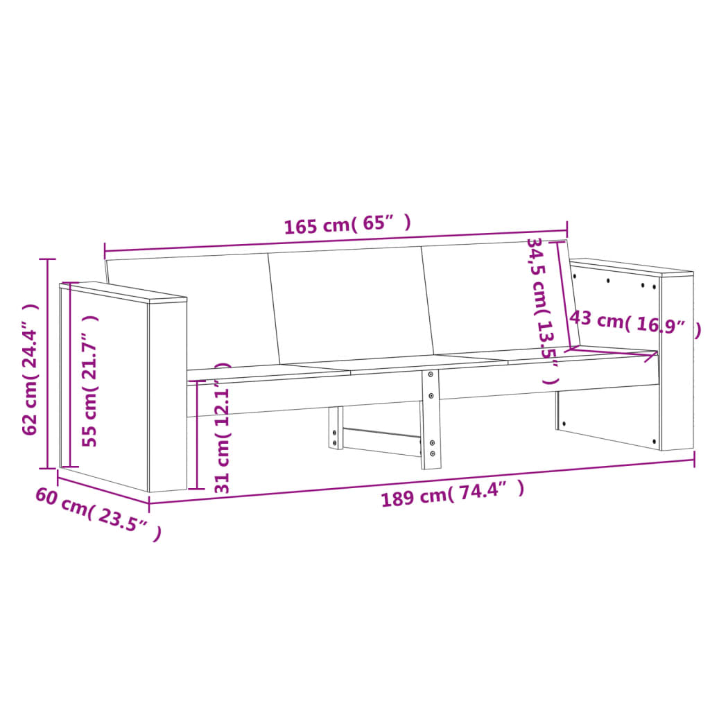 Tuinbank 3-zits 189x60x62 cm massief grenenhout Loungebanken | Creëer jouw Trendy Thuis | Gratis bezorgd & Retour | Trendy.nl