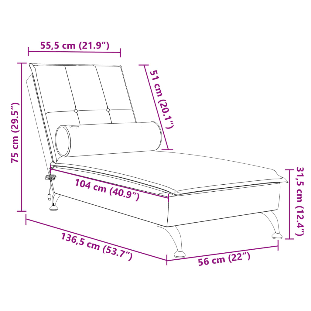 Massage chaise longue met bolster fluweel wijnrood