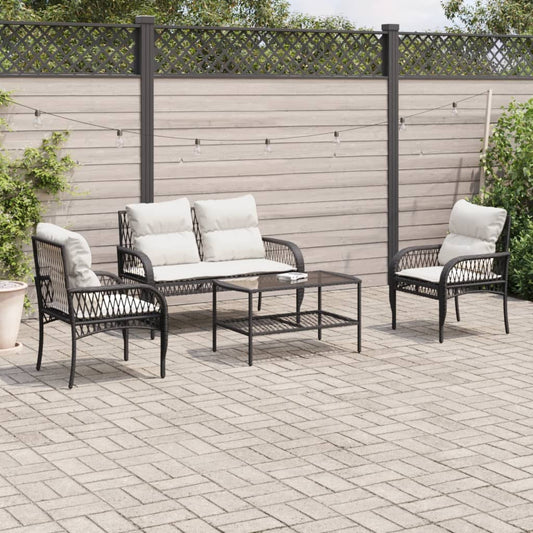 4-delige Loungeset met kussens poly rattan zwart