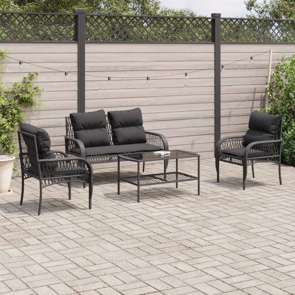 4-delige Loungeset met kussens poly rattan zwart Tuinsets | Creëer jouw Trendy Thuis | Gratis bezorgd & Retour | Trendy.nl