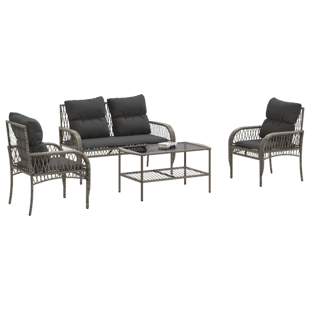 4-delige Loungeset met kussens poly rattan grijs