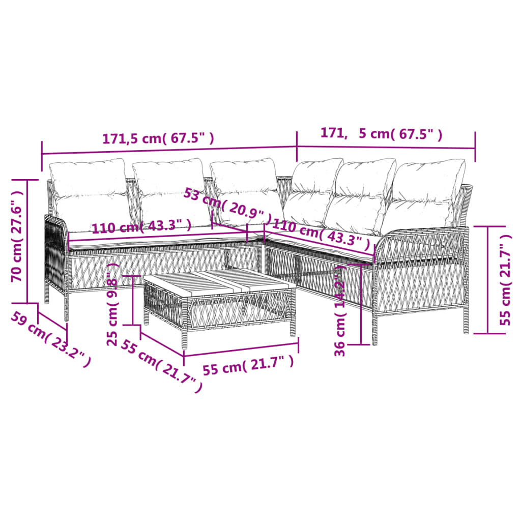 2-delige Loungeset met kussens poly rattan zwart