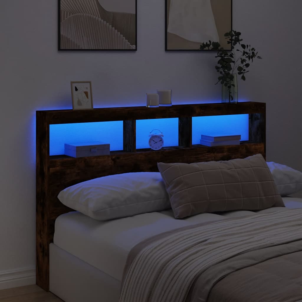 Hoofdbordkast met LED-verlichting 160x17x102 cm gerookt eiken
